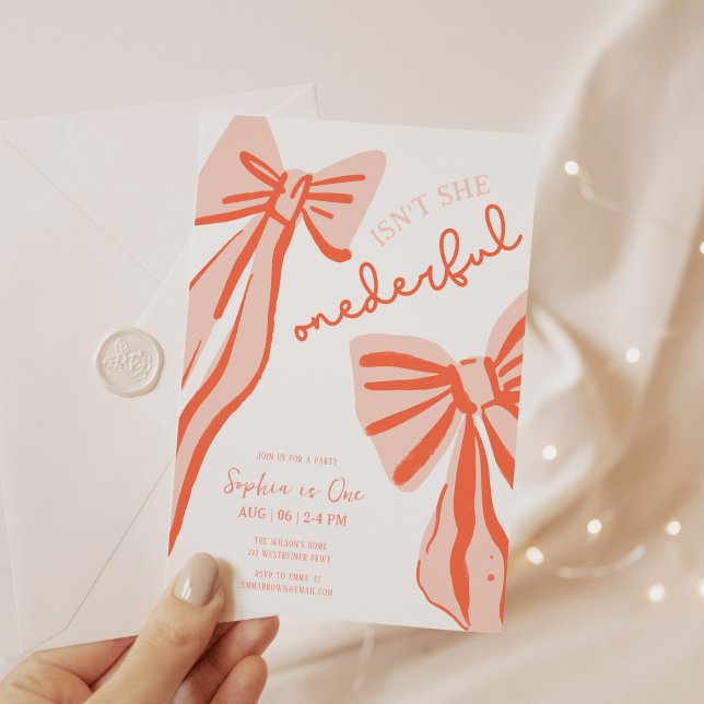 Whimsical Doodle Pink Bow Girl 1st Birthday Invitation (Creator Uploaded)