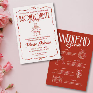 Whimsical Doodle Pink Red Bachelorette Itinerary Invitation