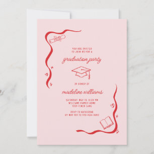 Whimsical Doodle Pink Red Graduation Party Invitation