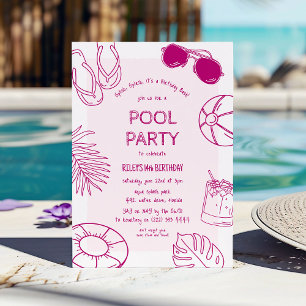 Whimsical Doodle Pool Party Birthday Invitation
