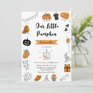 Whimsical Doodle Pumpkin 1st  Birthday Party  Invitation