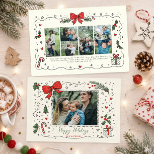 Whimsical Doodle Red Bow Christmas 7 Photos Holiday Card