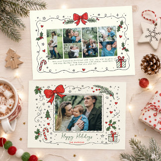 Whimsical Doodle Red Bow Christmas 7 Photos Holiday Card