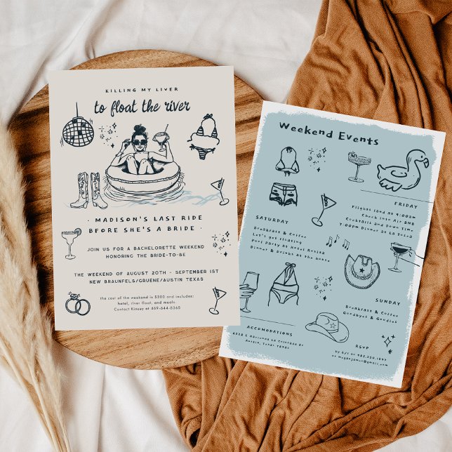 Whimsical Doodle River Float Bachelorette Weekend Invitation (Creator Uploaded)