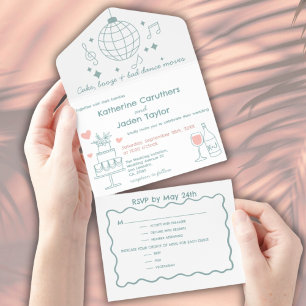 Whimsical doodle styled blue wedding all in one invitation