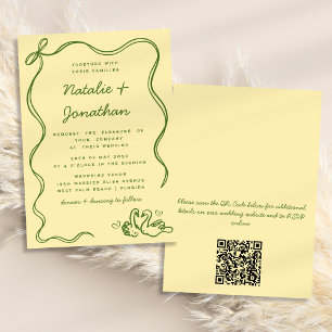 Whimsical Doodle Swans Bow Yellow QR Code Wedding Invitation