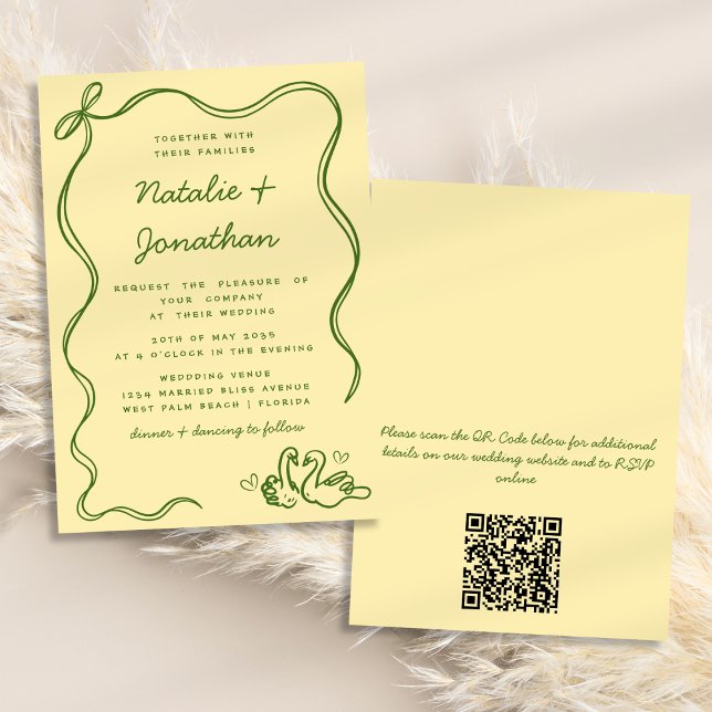 Whimsical Doodle Swans Bow Yellow QR Code Wedding Invitation (Creator Uploaded)