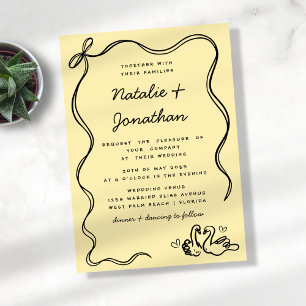 Whimsical Doodle Swans Butter Yellow Black Wedding Invitation