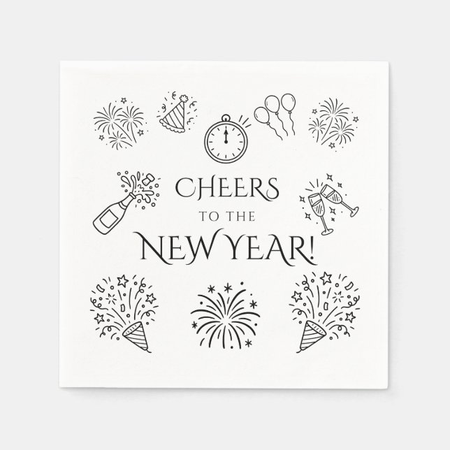 Whimsical Doodles Black Cheers to New Year Party Napkin (Front)