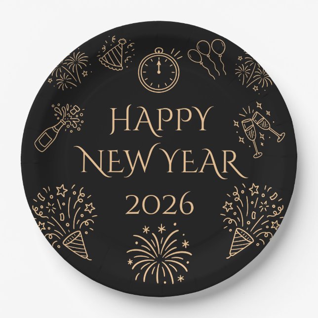 Whimsical Doodles Black Gold Happy New Year 2026 Paper Plate (Front)