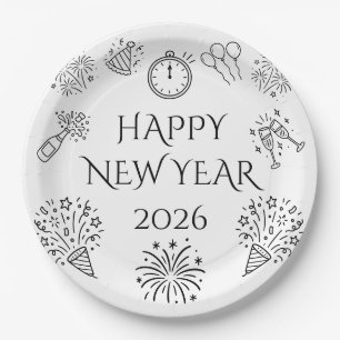 Whimsical Doodles Black Happy New Year 2026 Paper Plate