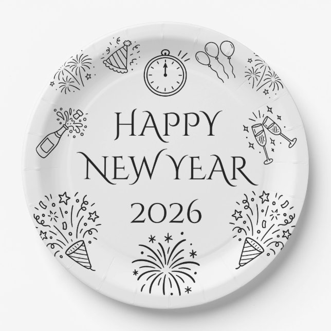 Whimsical Doodles Black Happy New Year 2026 Paper Plate (Front)