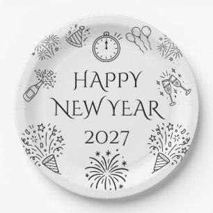 Whimsical Doodles Black Happy New Year 2027 Paper Plate