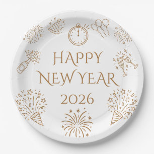 Whimsical Doodles Gold Happy New Year 2026 Paper Plate