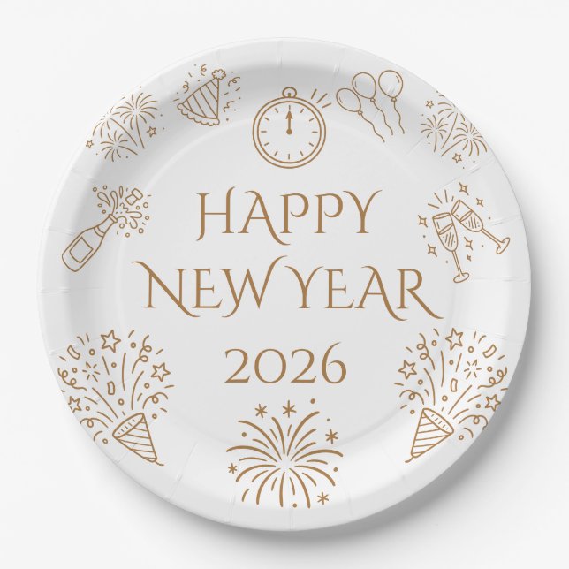 Whimsical Doodles Gold Happy New Year 2026 Paper Plate (Front)