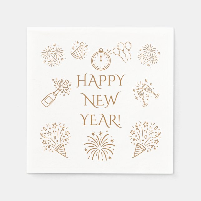 Whimsical Doodles Gold Happy New Year Napkin (Front)