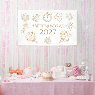 Whimsical Doodles Gold Text Happy New Year 2027 Banner