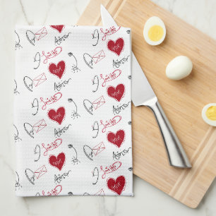 Whimsical Doodles Hand Drawn Valentines Day Tea Towel
