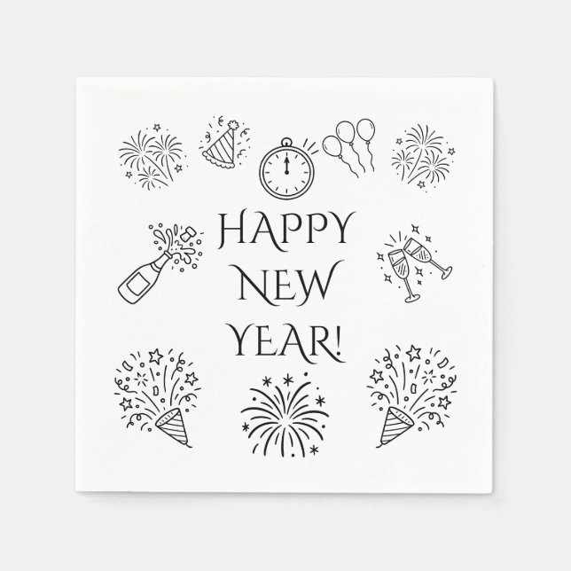 Whimsical Doodles Happy New Year Napkin (Front)