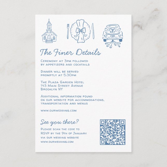 Whimsical Doodles Wedding Details RSVP QR Code Enclosure Card (Front)