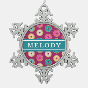 Whimsical Doughnut Pattern on Purple Snowflake Pewter Christmas Ornament