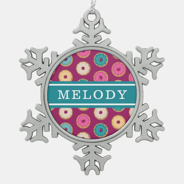 Whimsical Doughnut Pattern on Purple Snowflake Pewter Christmas Ornament (Front)