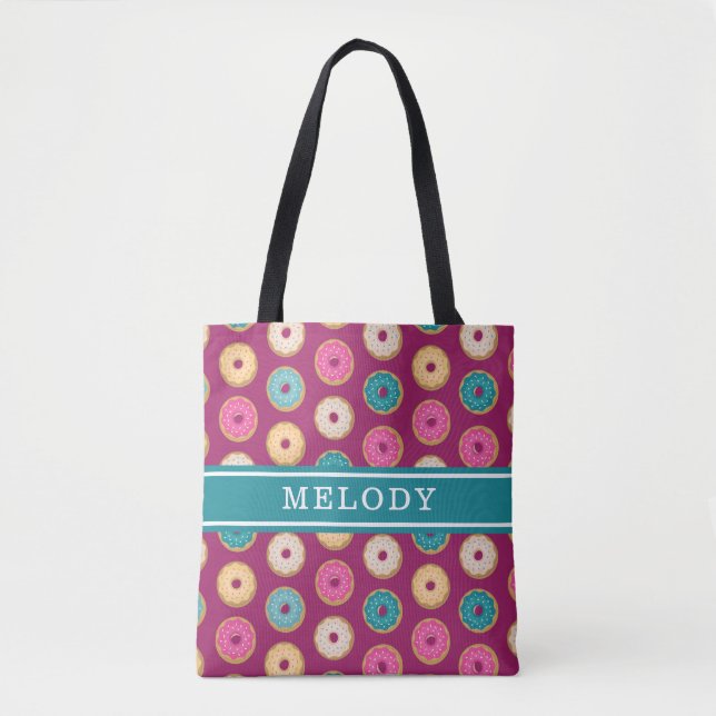 Whimsical Doughnut Pattern on Purple Tote Bag (Front)