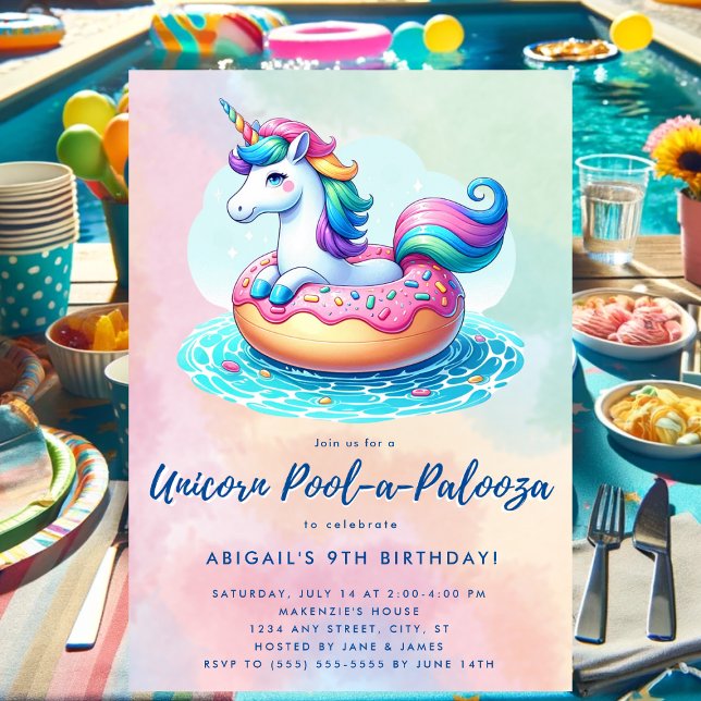 Whimsical Doughnut Rainbow Unicorn Pool Party Invitation (Unicorn pool party birthday invitation.)