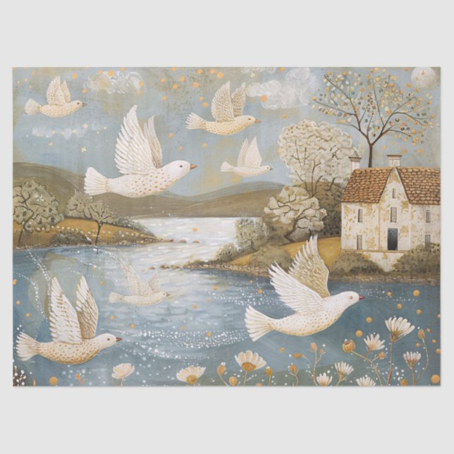 Whimsical Doves Landscape Vintage Art Decoupage Tissue Paper (Front)