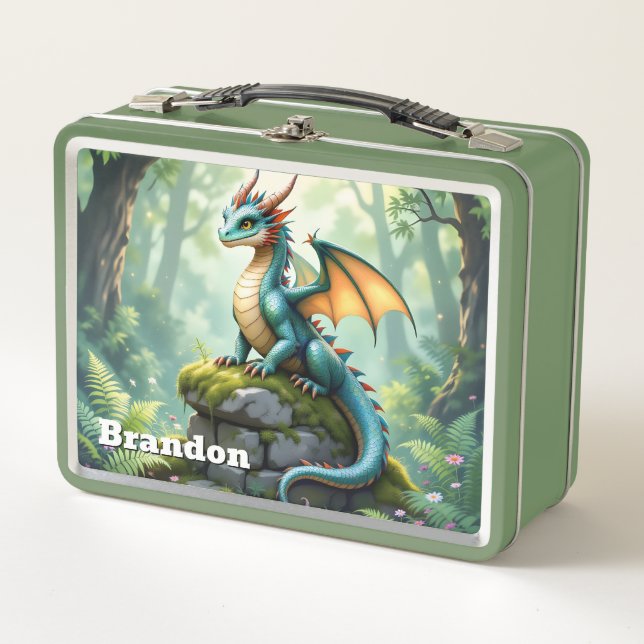 Whimsical Dragon on Ancient Stone Personalised Metal Lunch Box (Front)