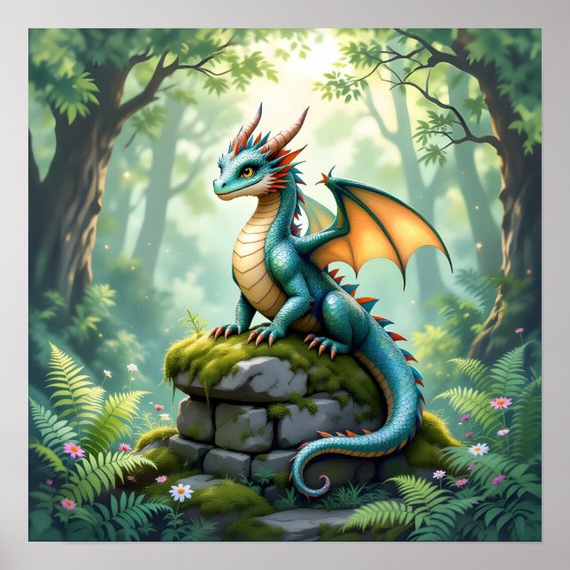 Whimsical Dragon on Ancient Stone Poster (Front)