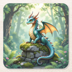 Whimsical Dragon on Ancient Stone Square Paper Coaster