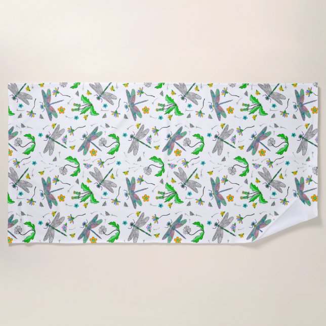 Whimsical Dragonflies and Dandelions Hand Drawn  Beach Towel (Front)