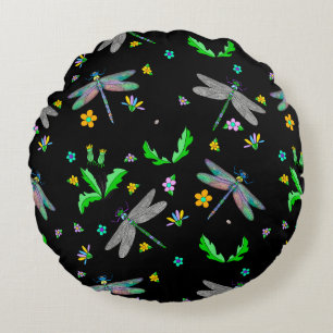 Whimsical Dragonflies and Dandelions Hand Drawn Round Cushion