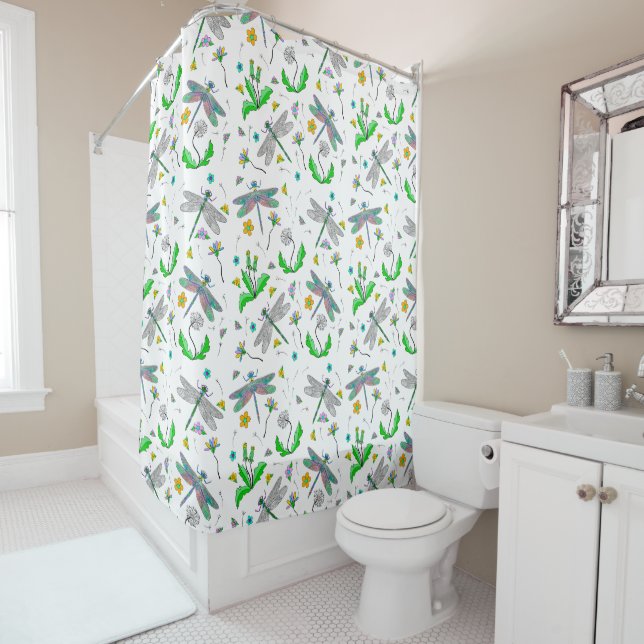 Whimsical Dragonflies and Dandelions Hand Drawn Shower Curtain (In Situ)