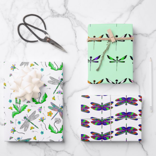 Whimsical Dragonflies and Dandelions Hand Drawn  Wrapping Paper Sheet (Front)