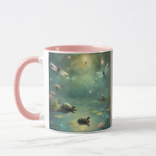 Whimsical Dragonflies and Turtles on a pond Mug