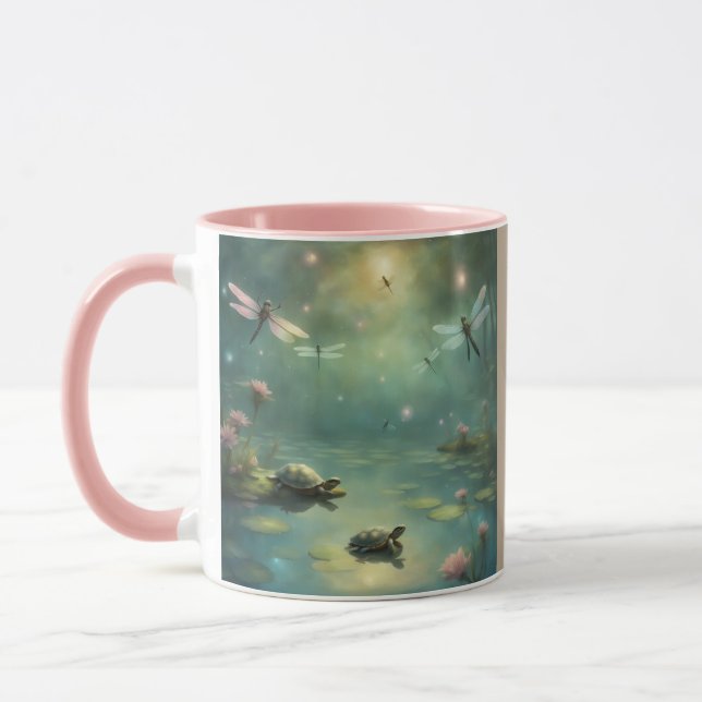 Whimsical Dragonflies and Turtles on a pond Mug (Left)