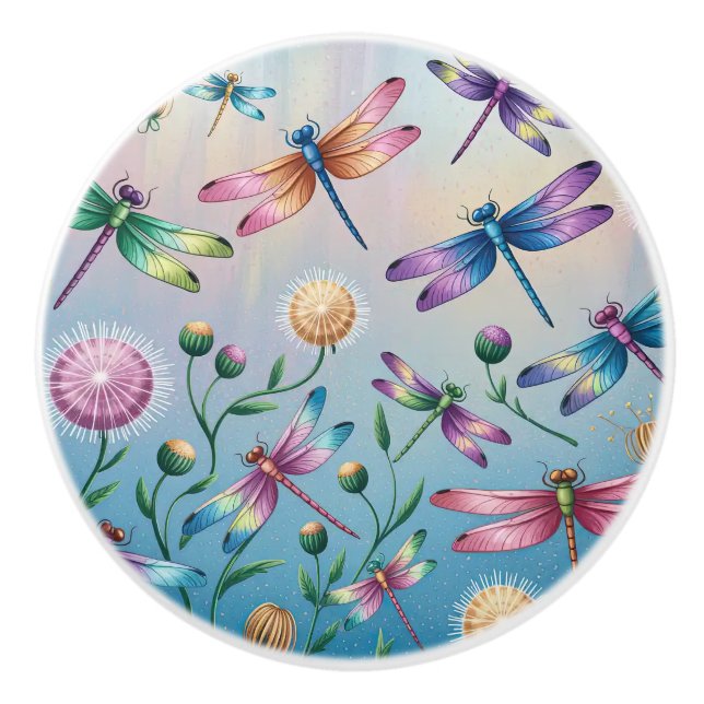 Whimsical Dragonflies with Flowers Ceramic Knob (Front)