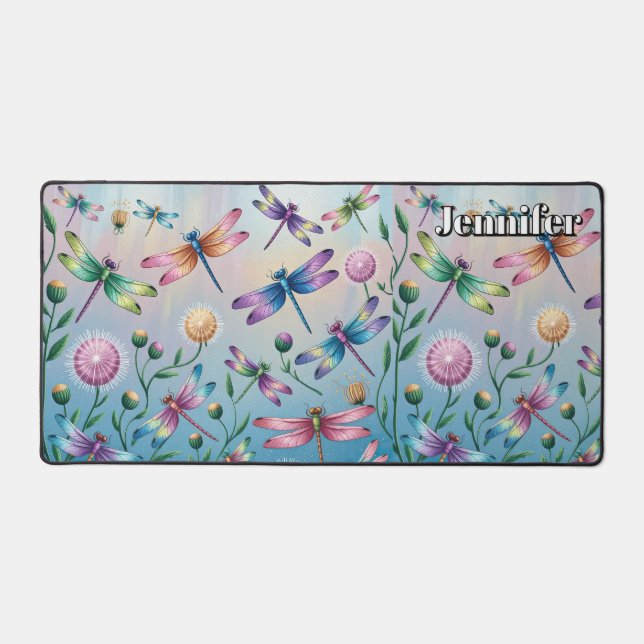 Whimsical Dragonflies with flowers. Editable name Desk Mat (Front)