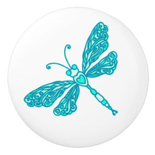 Whimsical dragonfly aqua inked art doorknob ceramic knob