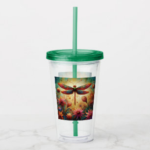 Whimsical Dragonfly Floral Abstract Art Teal Pink Acrylic Tumbler