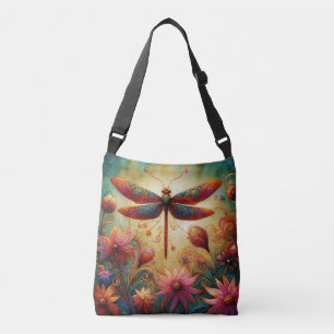 Whimsical Dragonfly Floral Abstract Art Teal Pink Crossbody Bag