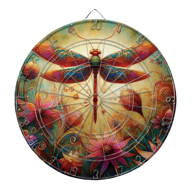 Whimsical Dragonfly Floral Abstract Art Teal Pink Dartboard (Front)