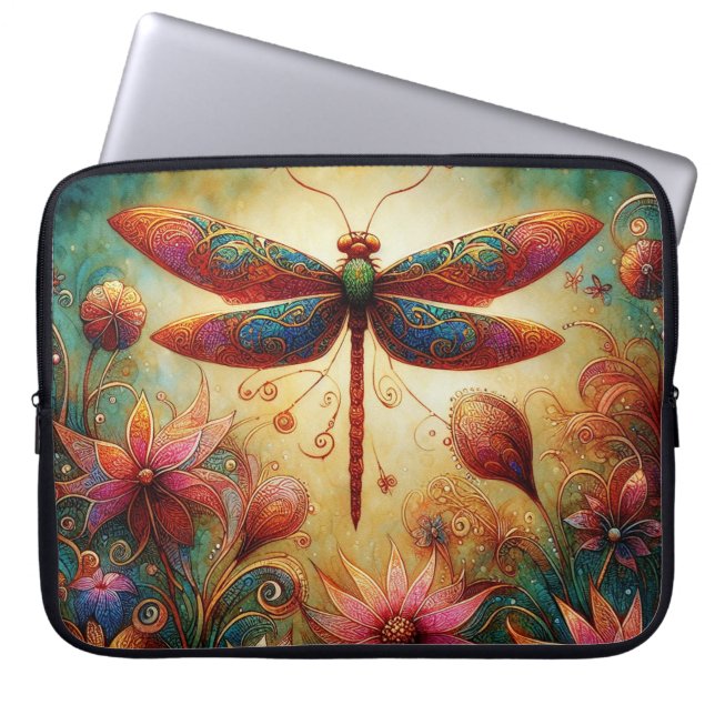 Whimsical Dragonfly Floral Abstract Art Teal Pink Laptop Sleeve (Front)