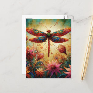 Whimsical Dragonfly Floral Abstract Art Teal Pink Postcard
