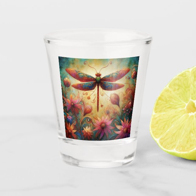 Whimsical Dragonfly Floral Abstract Art Teal Pink Shot Glass (Front)