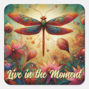 Whimsical Dragonfly Floral Abstract Art Teal Pink Square Sticker