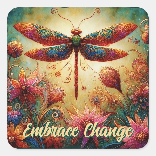 Whimsical Dragonfly Floral Abstract Art Teal Pink Square Sticker (Front)