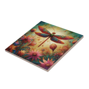 Whimsical Dragonfly Floral Abstract Art Teal Pink Tile